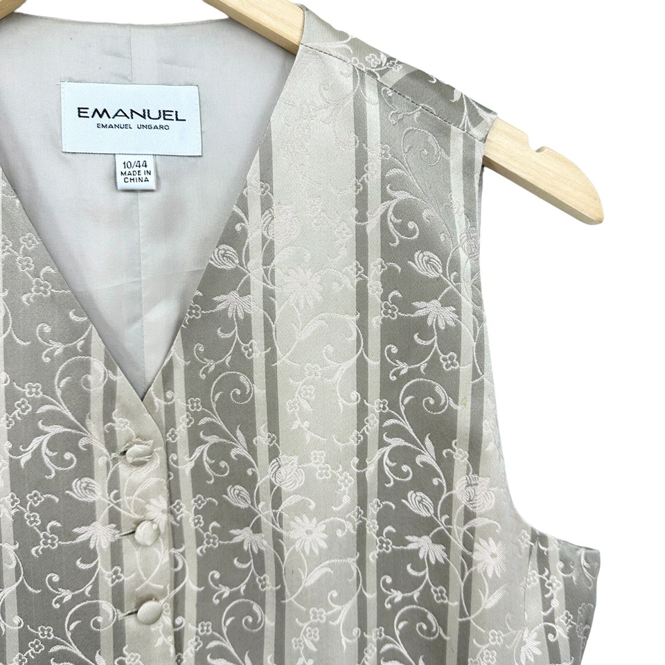 复古 EMANUEL UNGARO 100% 丝绸合身背心花卉刺绣纽扣关闭 R434 — 第 4/4 张图片
