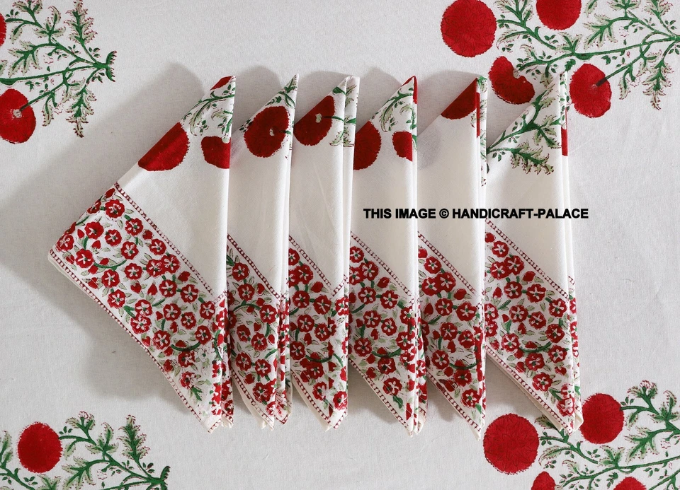 Mantel floral rectangular con servilletas con estampado de bloques a mano de tinte vegetal de algodón Foto 2 de 4