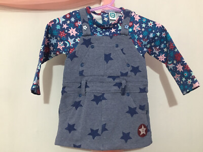 Lovely Baby Girls Tuc Tuc  Blue Star Print Pinafore Illusion Dress 9m    