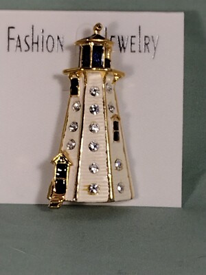 Vintage NOS Lighthouse w/Rhinestones & Enamel Fashion Brooch Jewelry Black Gold 
