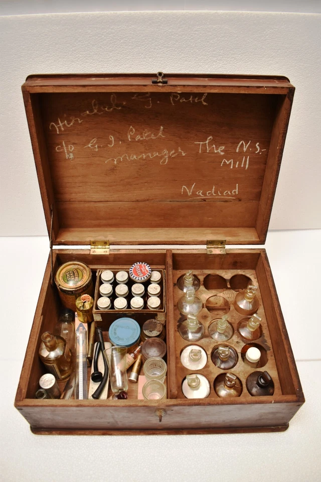 Antique Wooden Medical Apothecary Box with Glass Bottles & Instruments India Old - Image 2 of 4