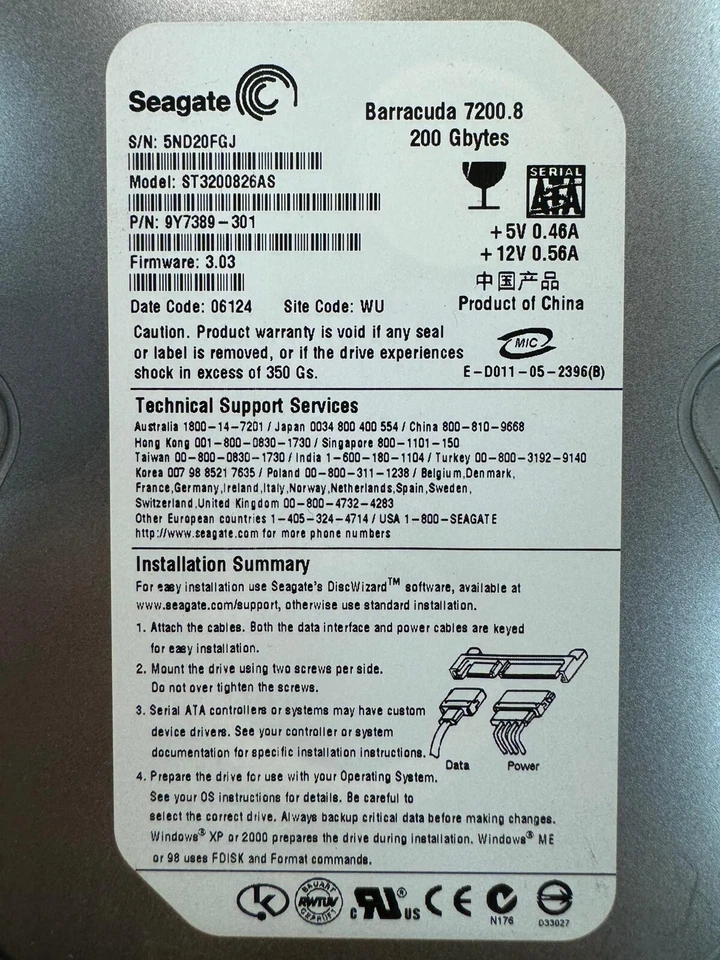 SEAGATE ST3200826AS 9Y7389-301 200GB Firmware 3.03 Code 06124 SATA 3.5" HDD - Image 4 of 4