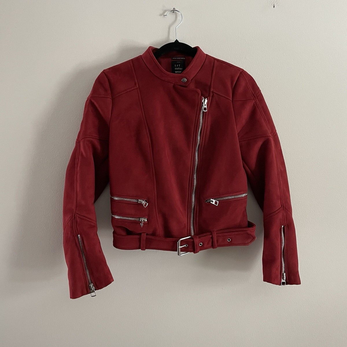 Zara TRF Outerwear Women M Red Faux Suede Edgy Grunge Biker Moto