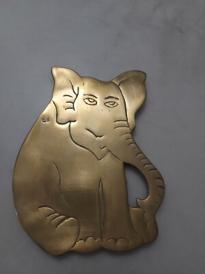 Vintage Whimsical Brass Sitting Elephant Trivet Plate 7.5'' Cute 