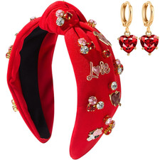 Valentines Day Headband for Women - Crystal Heart Hairband with Rhinestones, Kno