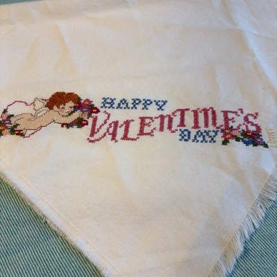Cross Stitch Handmade Happy Valentines Day Tea Towel With Cupid