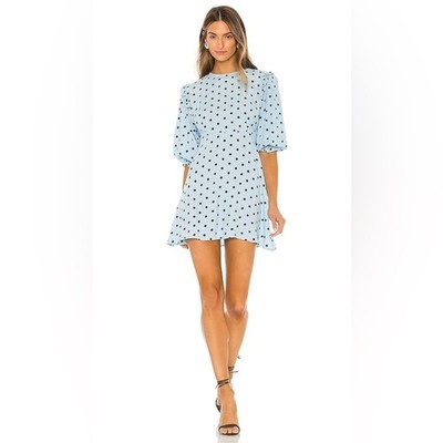 Faithfull The Brand Edwina Dotted Mini Dress in Baby Blue Dots Size 4.