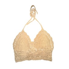 Tan Crochet Halter Crop Top Boho Festival Scallop Trim Lined Bust Neutral Fairy