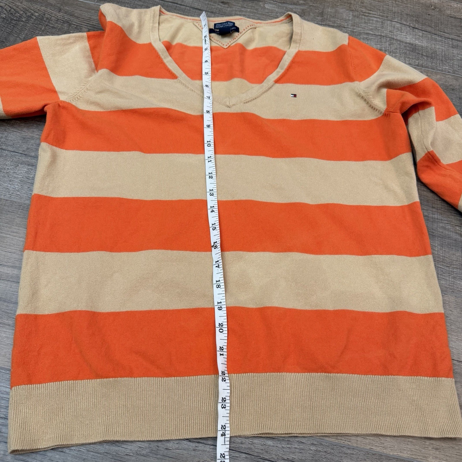 Tommy Hilfiger Women’s XL Y2K V Neck Long Sleeve Sweater Colorblock Orange Prima thumbnail 11