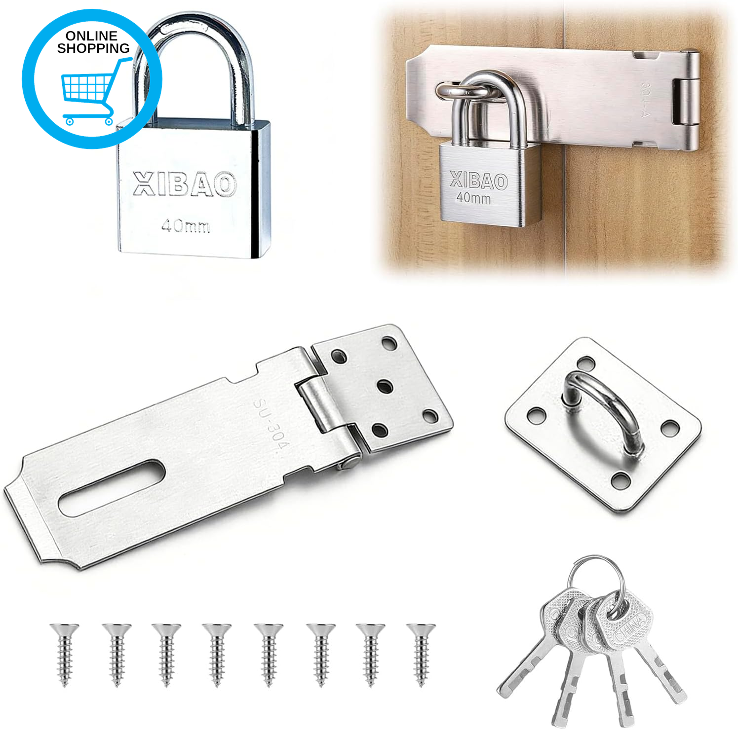 2 Pcs Door Hasp and Staple with Padlock, Stainless Steel Shed Lock, Door Locks w