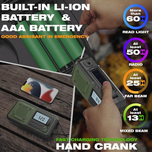 Crank Emergency Radio 5000mAh, Weather Radio, Solar Radios Battery green - Picture 4 of 9