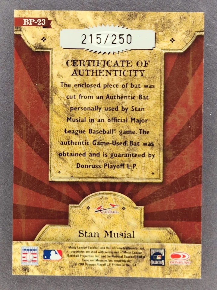 Stan Musial - 2004 Donruss #BP-23 /250 - Blast from the Past - Game Used Relic - Image 2 of 2
