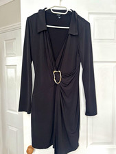 RIVER ISLAND Black Wrap Dress Size 10 V-Neck Long Sleeve Belted Buckle Knee
