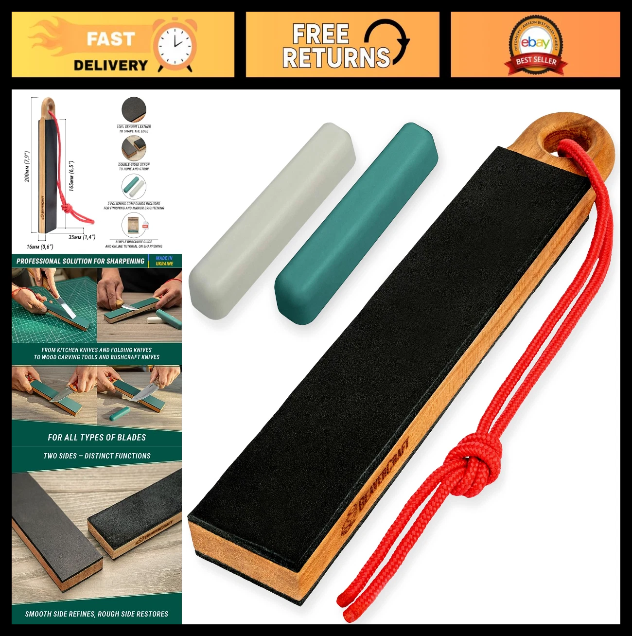 Leather Knife Sharpening Strop Kit - 2-Sided Honing Block with Polishing Compoun