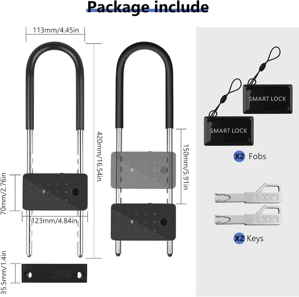 U-Lock Bike Padlock – Long Shackle, Fingerprint & App Control, Adjustable Combo - Image 4 of 4