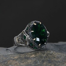 Handmade 925 Sterling Silver Men's Oval Green Zircon Patterned Ring 13g US 6-25
