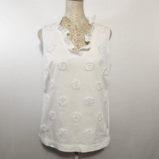 Talbots XS White Sleeveless 100% Cotton Ruffle Neck Detail Floral Feminine Top
