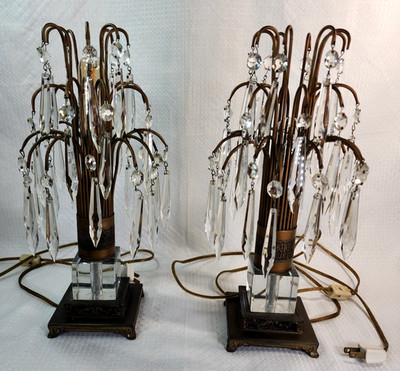 Vintage Hollywood Regency Style Crystal Waterfall Lamps Set Of 2 H 13.5''