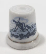 Vintage Blue Windmill Porcelain Souvenir Thimble Gold Trim Made In Taiwan 