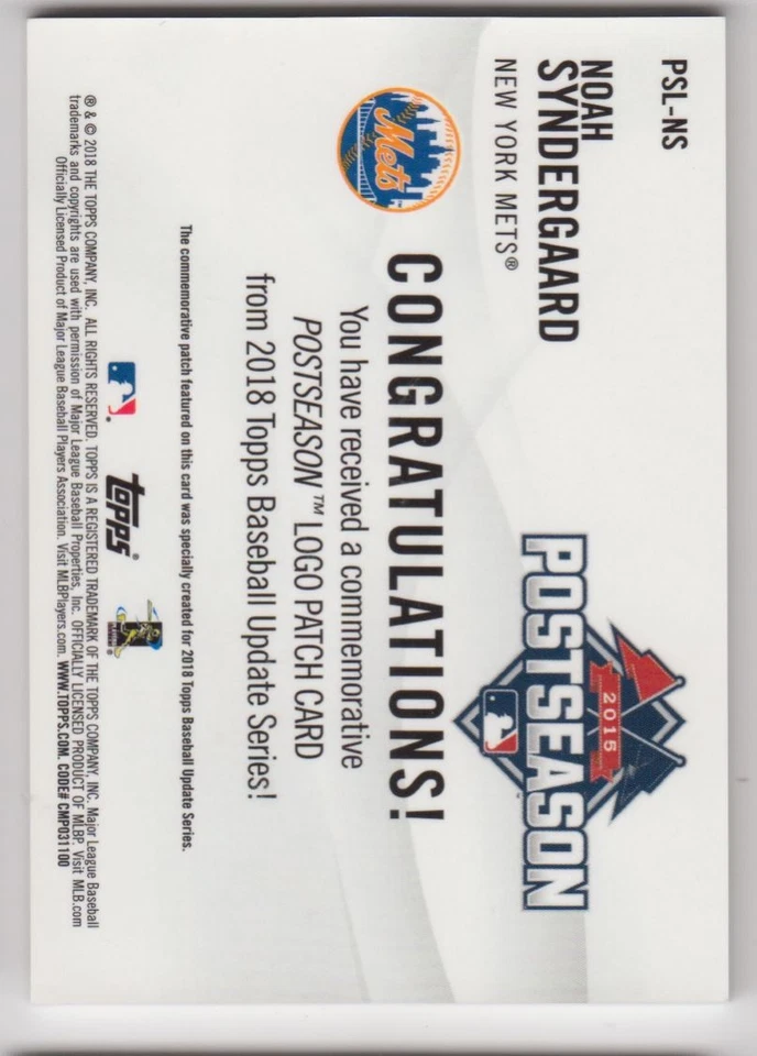 2018 Topps Update MLB Postseason Logo Manufactured Patch Noah Syndergaard ! New - Image 2 of 2