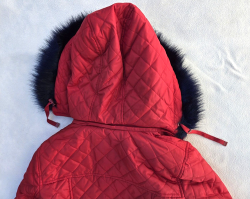 Tommy Hilfiger Woman’s Coat Jacket Red Diamond Quilt Removable Faux Fur Hood Sm - Picture 10 of 12