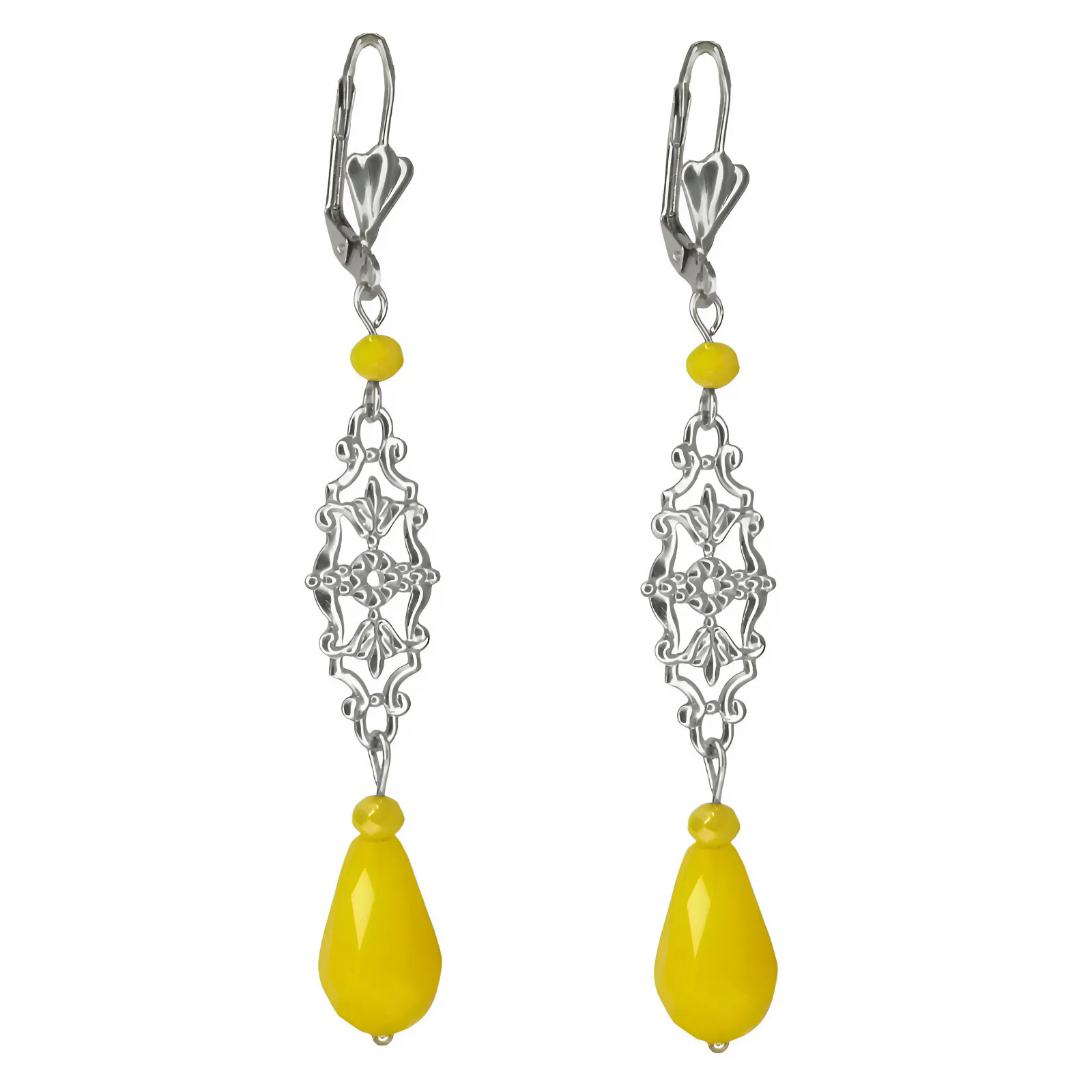 Boucles d'oreilles pendantes anti-allergie inox et goutte jaune baroque