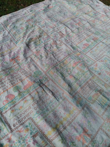 Vintage Cross Stitch Fabric Print Flat Queen Table Cloth Curtain 1970s - Picture 3 of 7