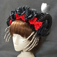 Gothic Devil Veil Headband Floral Horns Headpiece Halloween Hand Bones Headdress