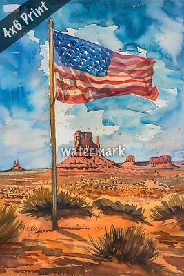 Flag in Monument Valley watercolor Art 4x6 Print