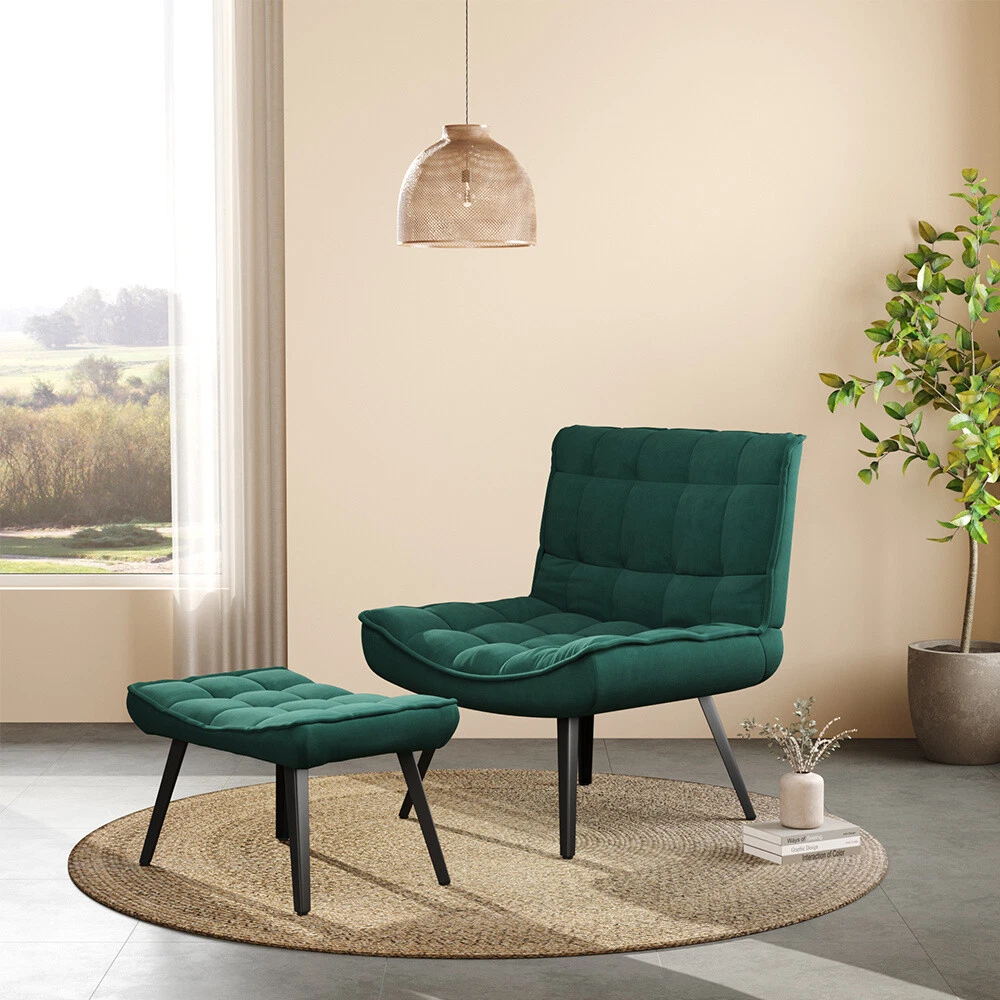 Green armchair on sale and footstool