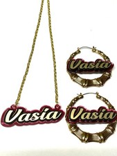 Matching Necklace and Earrings Name Plate Custom Personalized With Diamond Look