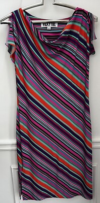 Vicky Tiel Women s Rainbow Diagonal Striped Split Sleeve Stretch Dress Size M