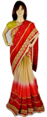 Wunderschöner Party-Sari rot, beige & goldfarben