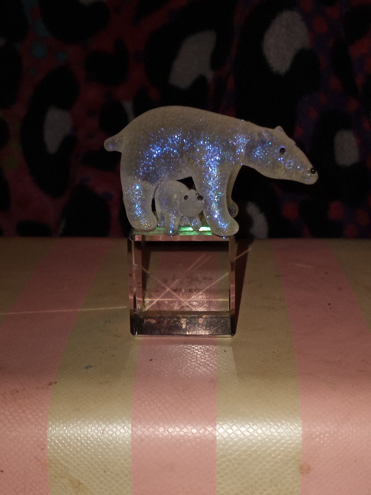 Handmade Glass Polar Bear Sculpture with Baby Standing on Ice Base  