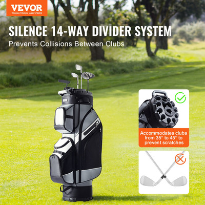 Premium Golf Cart Bag with 14-Way Divider, Dust Cover - Black Color-Block