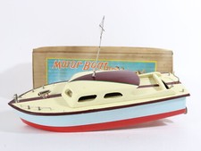 Vintage Blue Yellow Red Cabin Cruiser Wooden Battery Boat SM TMY ITO 13.5   BOX
