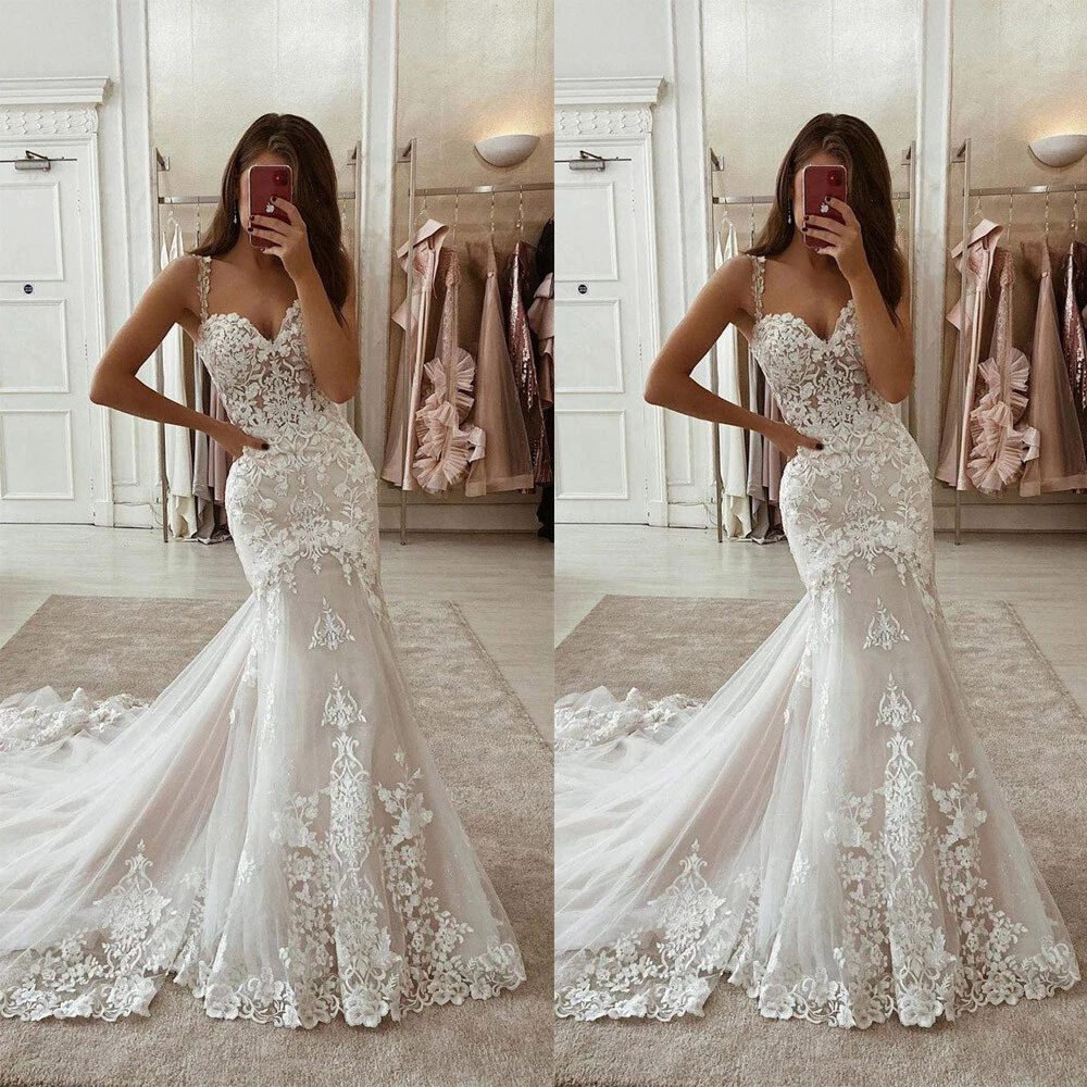 Mermaid Wedding Dresses Spaghetti Straps Lace Appliques Sleeveless Bridal  Gowns