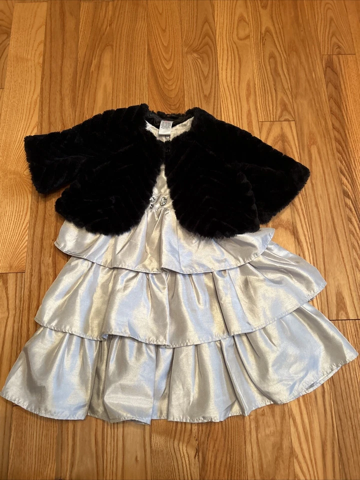 Conjunto Gymboree Vestido Plateado (Talla 5T) Negro Imitación Piel Chaqueta (XS 4) Vacaciones Formal  Foto 2 de 4