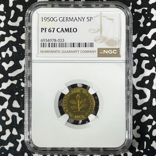 1950-G West Germany 5 Pfennig NGC PR67 Cameo Lot#G9937 Proof! 1,800 Minted