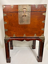 Chinese trunk storage chest table on stand wood brass