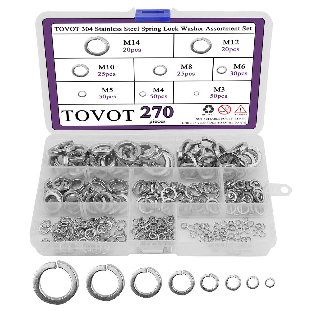 270PCS 8 Sizes Split Lock Washer Assortment Kit Sliver Spring Lock Washer