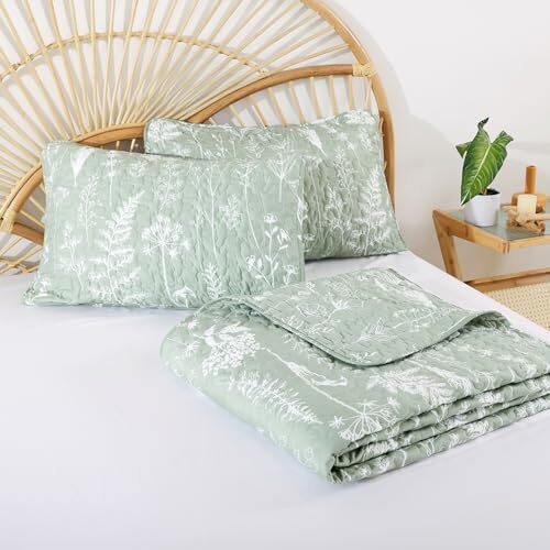 Quilts Size Quilt Botanical with Floral Pattern Microfiber Queen Sage Green - Picture 7 of 8