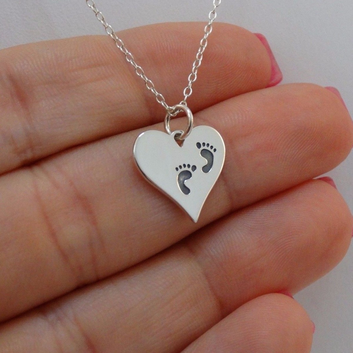 Footprints Heart Necklace 925 Sterling Silver Baby Feet Mother