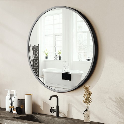 Furb Round Wall Mirror Circle Vanity Mirror Aluminum Frame Black 100cm - Picture 6 of 6