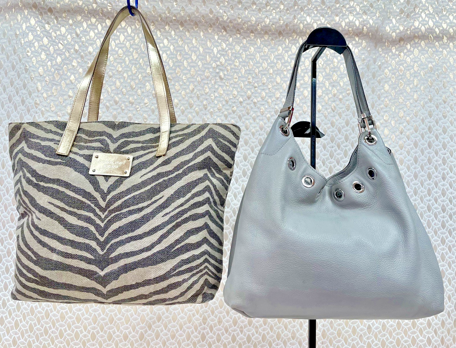 Bundle 2 large Michael Kors handbags, grey leather and zebra print brown & gold