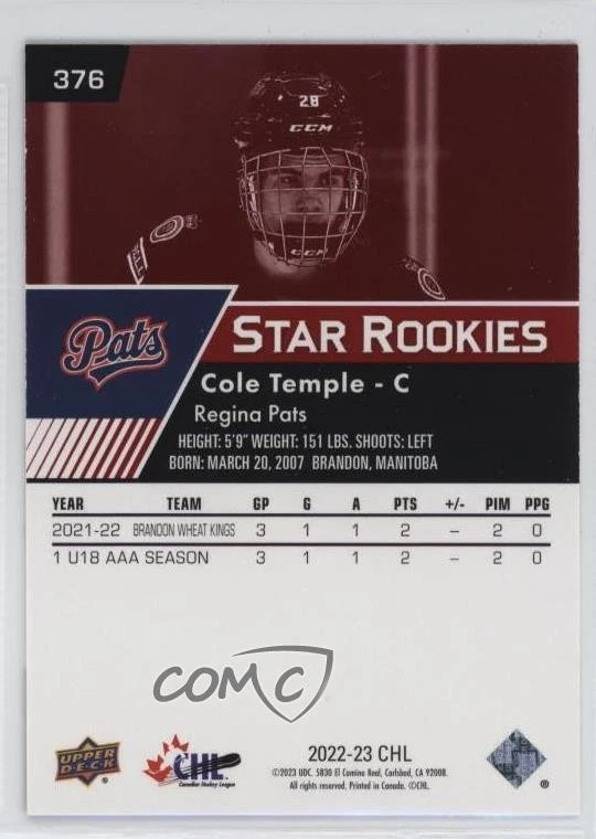 2022-23 Upper Deck CHL Star Rookies Exclusives /100 Cole Temple #376 - Image 2 of 2