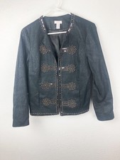 Chicos Jacket Blazer Beaded Sequins Shiny Black SZ1 M Pockets Boho Holidays B1