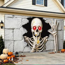 Halloween Garage Door Cover 7X16 FT, 3D Skeleton Breaking through Wall