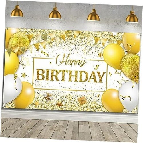 Happy Birthday Decorations Backdrop Banner, Glitter Birthday White and Gold