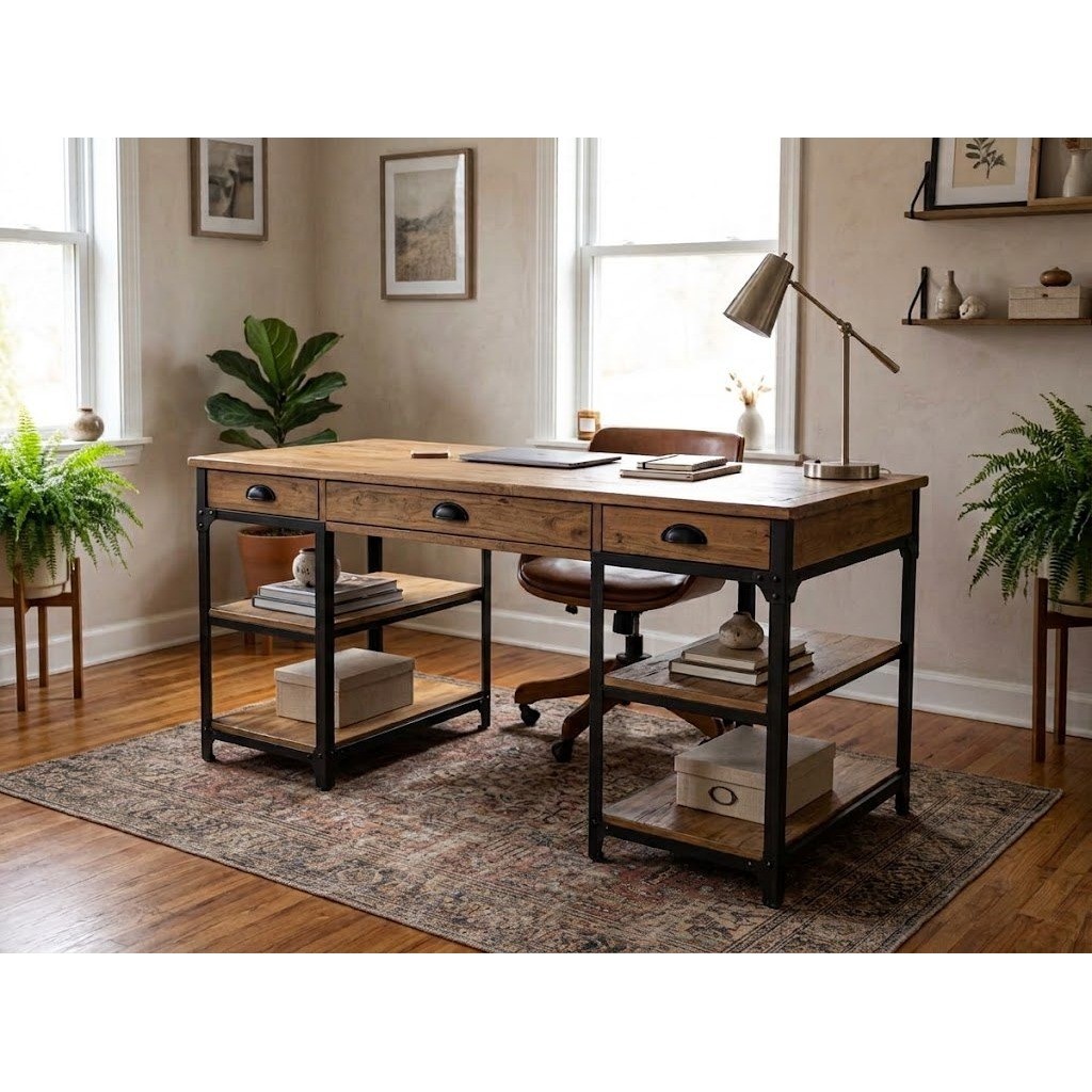 World Market Industrial Wood and Metal Desk 3-Drawer 4-Shelf 60in Natural Brown